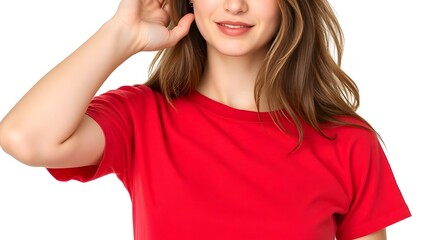 "Young Caucasian Woman in Red T-Shirt and Gray Denim Shorts Standing Against a White Background"
