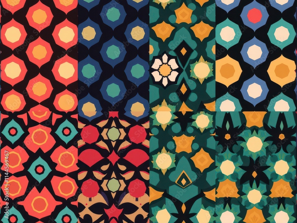 Poster a set of seamless geometric patterns in various shapes and colors, perfect for backgrounds and desig