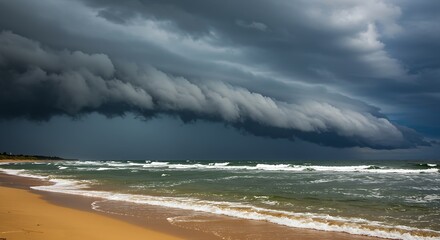 A beach during a summer storm, with dark clouds and dramatic waves
