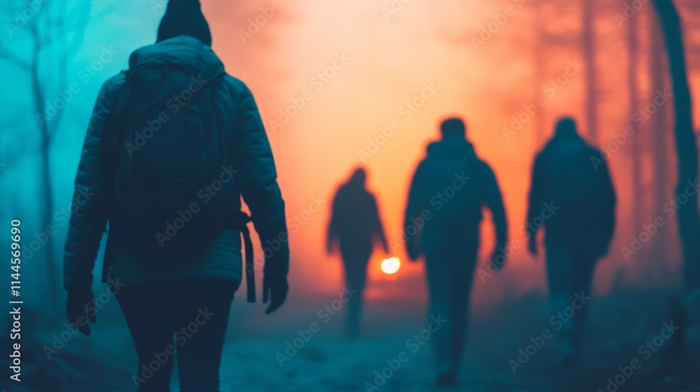 Poster mysterious group of hikers walking through a foggy forest at dusk with glowing ember light in the ba