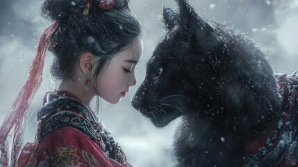 A girl in traditional attire gazes at a black wolf.