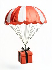 A gift box tied to a parachute is floating in the air, against a white background