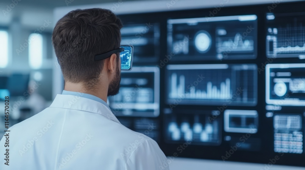 Poster advanced technology and data analysis in medical research: scientist using augmented reality glasses