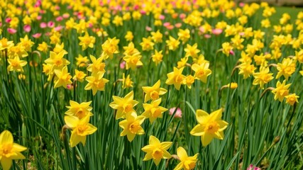 Fototapeta premium A vibrant field filled with bright yellow daffodil flowers swaying in the gentle breeze, spring, fresh
