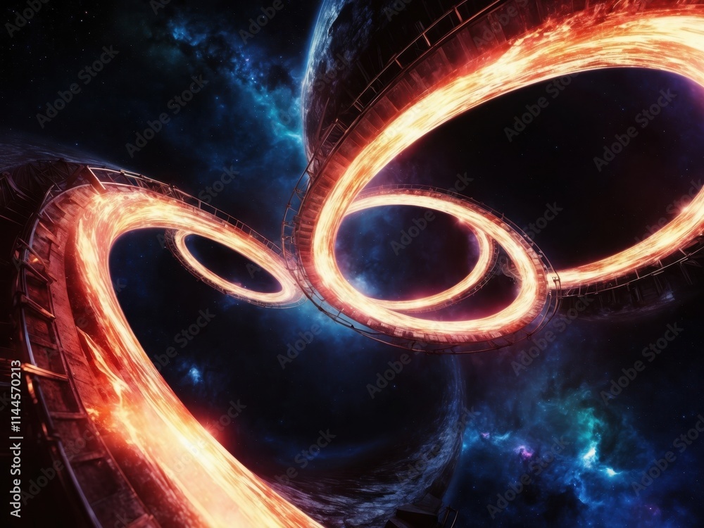 Aufkleber exploring a vibrant cosmic infinity loop illuminated by fiery trails in a starry space backdrop duri