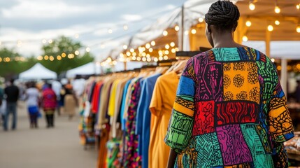Fototapeta premium Colorful Clothing Market with Vibrant Patterns and Busy Crowds at Outdoor Fair During Daytime, Showcasing Unique Fashion and Artisan Creations