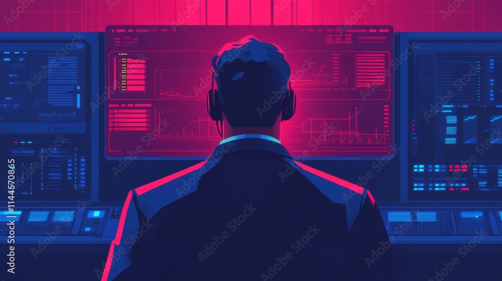 Poster futuristic data analyst in front of high-tech screens analyzing complex graphs with neon colors in a