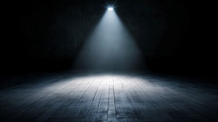 Dramatic Spotlight on Empty Wooden Stage  Dark Background   Photorealistic