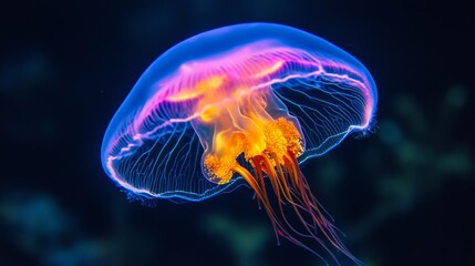 A mesmerizing photograph of a glowing jellyfish with radiant tentacles, showcasing bioluminescence in a deep underwater setting. Perfect for nature and marine life projects.. AI Generation