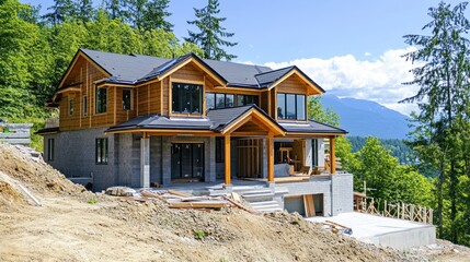 A modern house under construction in a forested area with mountains in the background.