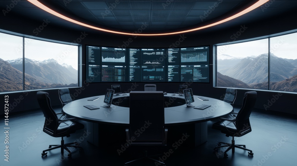 Poster modern control room with central table and large screens overlooking mountain view in a high-tech en