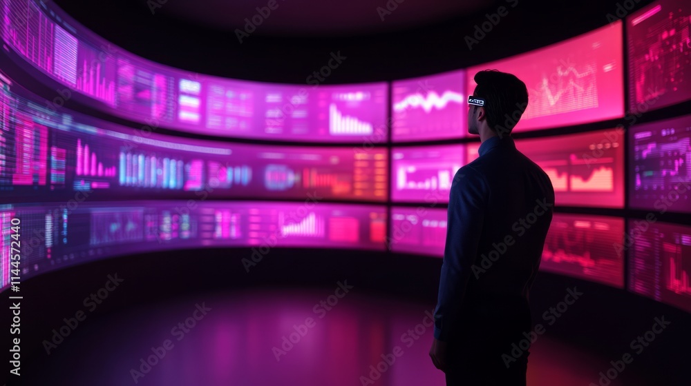 Poster person wearing glasses analyzing data on digital screens with colorful graphs and charts in futurist