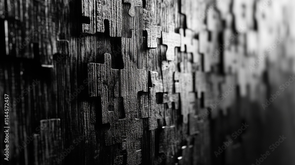 Poster detailed view of black wooden puzzle blocks with intricate 3d geometry. the textured surface and uni