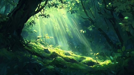 Fototapeta premium Lush forest scene illuminated by soft sunlight.