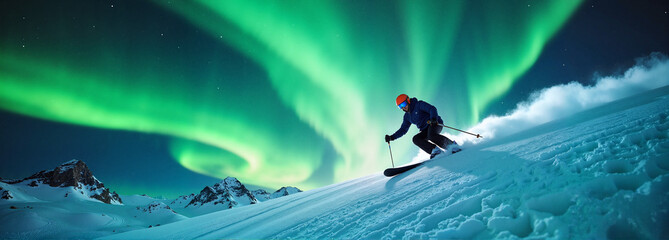 Skier under vibrant northern lights on a snowy mountain slope