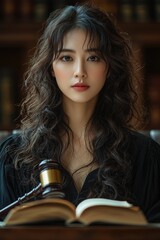 A focused judge in a courtroom with gavel and law book