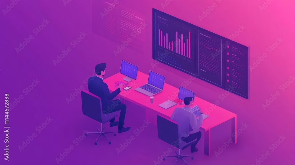 Poster professional workers analyzing data on laptops in a modern office environment with vibrant purple ba
