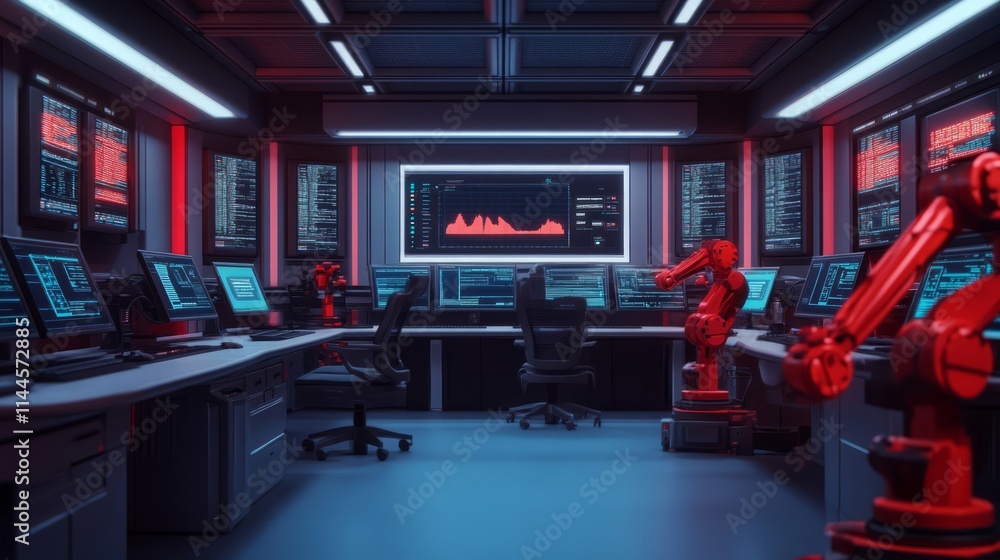 Aufkleber high-tech control room with robotic arms and advanced data displays featuring red and blue lighting 