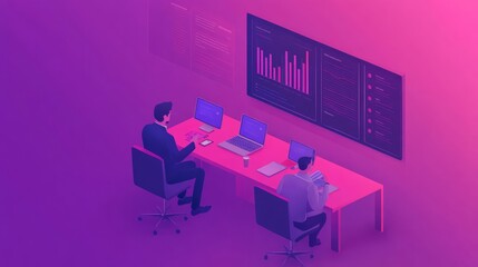 Fototapeta premium Professional workers analyzing data on laptops in a modern office environment with vibrant purple background and high-tech graphical displays showcasing insights and statistics.