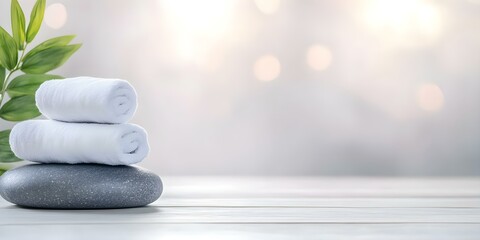 Two rolled white towels on a smooth stone, accompanied by a green leaf, set against a soft, blurred background. Concept Rolled Towels, Smooth Stone, Green Leaf, Soft Background, Serene Composition