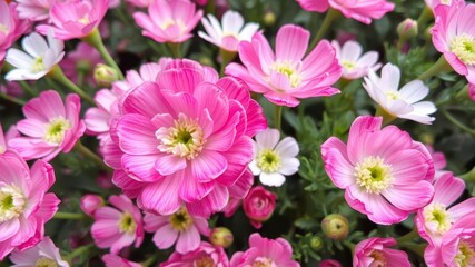 Obraz premium Close-up of beautiful pink and white ranunculus flowers in full bloom, natural, floral