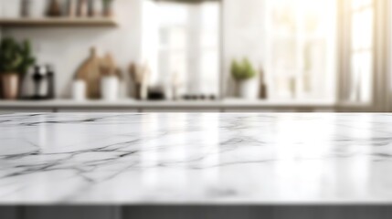 Marble countertop mockup softly blurs in bright kitchen photo wide shot. AI Generated