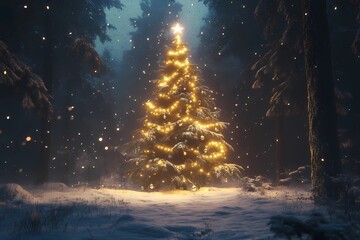 New Year tree with lights in a snowy forest.