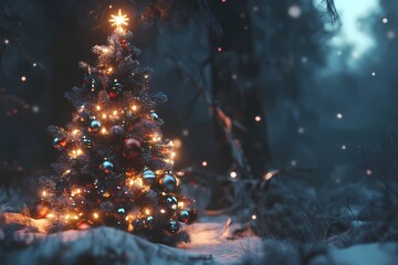 Naklejka premium New Year tree with lights in a snowy forest, Christmas evening.