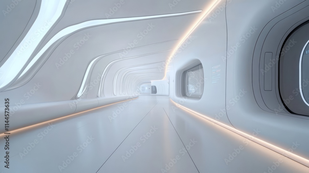 Poster futuristic hallway interior with sleek curved design and soft lighting in a minimalist white space f