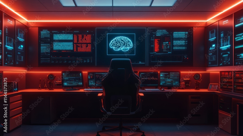 Aufkleber futuristic data analysis workspace with neon lighting, high-tech gadgets, and visualizations of arti