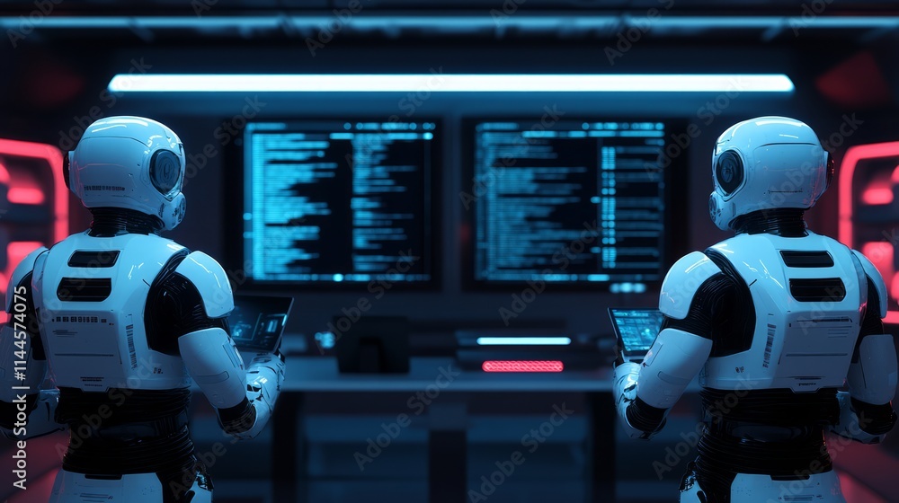 Poster futuristic robots analyzing data in a control room surrounded by neon lights and high-tech screens i