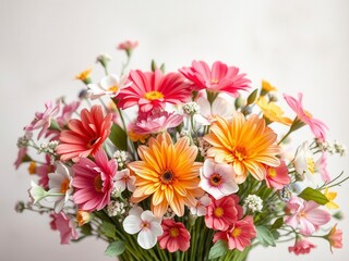 Colorful spring flowers arranged gracefully on a pastel paper background, gentle, joyful