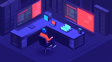 Futuristic Cybersecurity Workspace with High-Tech Monitors, Code Display, and a Programmer Engaged in Coding at a Sleek Desk in a Darkened Environment