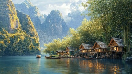 Fototapeta premium Serene riverside village amidst lush mountains.