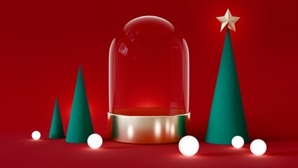 A festive Christmas scene with a transparent dome on a silver base, flanked by stylized green Christmas trees and glowing white orbs against a red background.