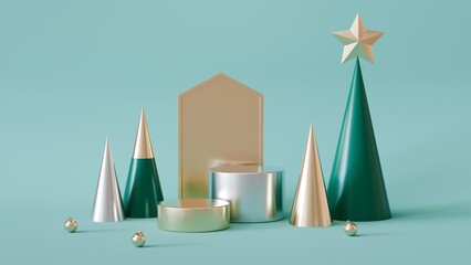 A geometric Christmas scene with stylized trees, platforms, and ornaments in shades of green, gold, and silver against a light blue background.