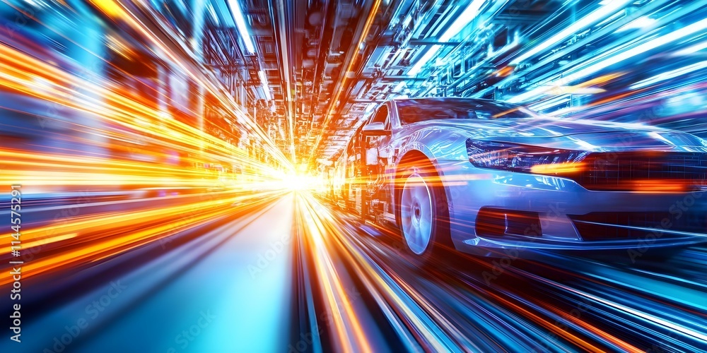 Poster a dynamic view of a car in motion, surrounded by streaks of light suggesting high speed and energy i