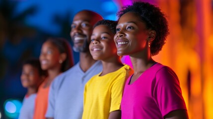Fototapeta premium Family Portrait with Smiling Members Against Colorful Night Background, Showcasing Joyful Moments and Togetherness in a Vibrant Outdoor Setting
