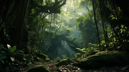 A tropical rainforest with ambient light, space on the left for creative content,generative ai illustration