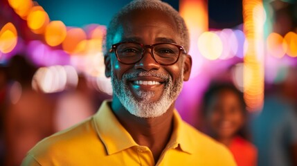 Obraz premium Joyful elderly man with glasses smiling at a vibrant carnival filled with colorful lights and a blurred background, capturing a moment of happiness and community spirit.