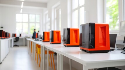 Modern Classroom with Vibrant Orange Computers and Bright White Desks in a Spacious Learning Environment