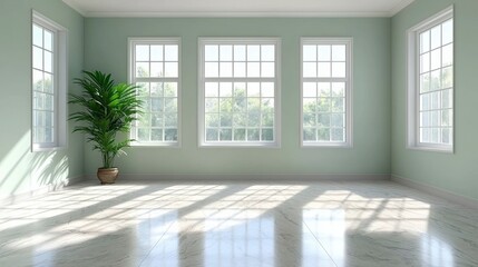 Fototapeta premium Elegant Room Interior Design Light Taupe Walls Marble Floor Sunlight