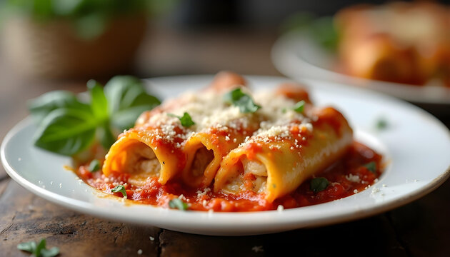 Plate of stuffed manicotti pasta with tomato sauce, parmesan, and fresh basil garnish