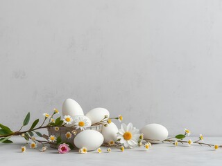 Easter decorations in pastel colors arranged on grey concrete background, concrete, styling, elegant