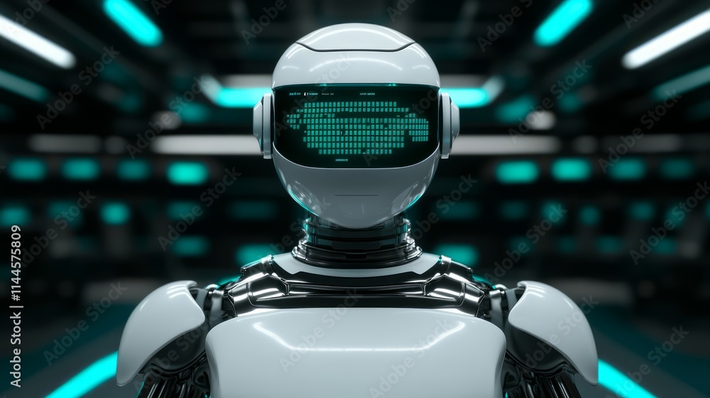 Poster futuristic humanoid robot with a sleek white design standing in a high-tech environment featuring gl