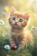 Kitten in a flower field. Selective focus.