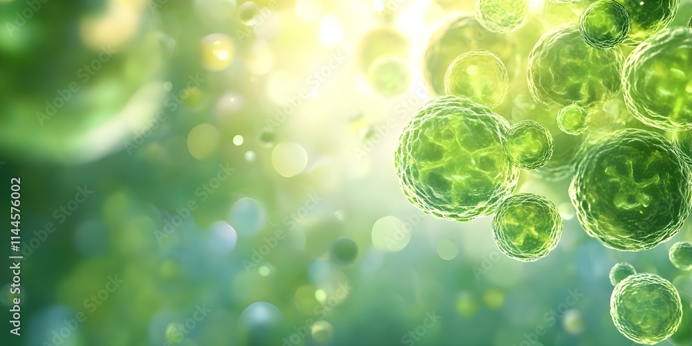 Poster a close-up view of green cells or microorganisms, illuminated with soft light and a bokeh background