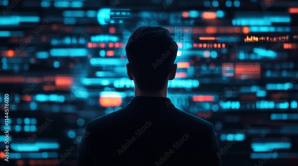 Aufkleber a silhouette of a person gazing at a futuristic digital interface filled with colorful data streams 