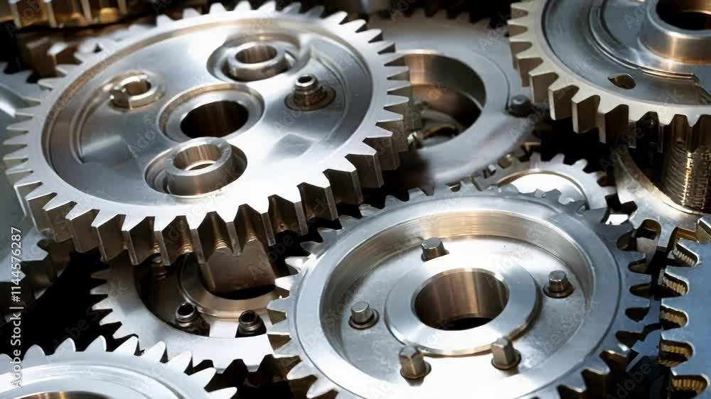 Poster close up view of interlocking metal gears, showcasing their intricate design and highlighting the co