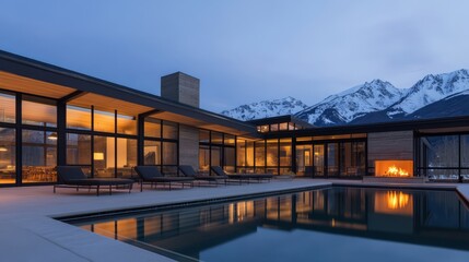 Modern luxury mountain retreat with expansive windows and serene outdoor pool, showcasing stunning snowy mountain landscape at twilight